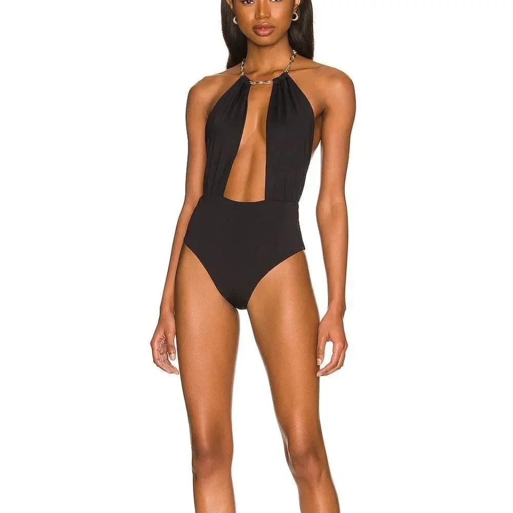 Weworewhat Women's Necklace Black One-piece Bathing Suit Size Medium
